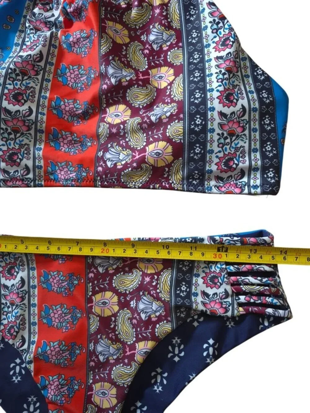 Boho High Neck Bikini Set Womens Medium Floral Paisley Print Swimwear Stretch.